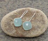 Diamond Cut Gemstone Earrings, Aqua Chalcedony 12mm Cushion Bezel Earrings, 925 Sterling Silver Earrings, Hook Earrings, Delicate Earrings